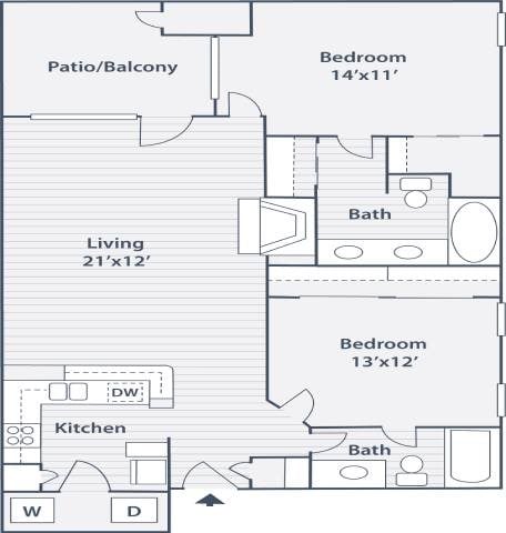 Floor plan for 2 beds, 2 baths, 1006 sqft