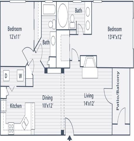 Floor plan for 2 beds, 2 baths, 1047 sqft