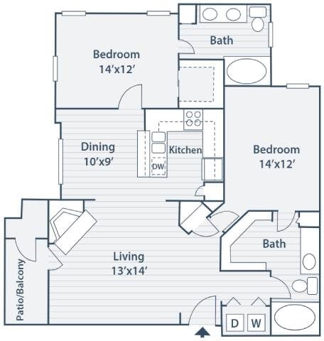 Floor plan for 2 beds, 2 baths, 1072 sqft