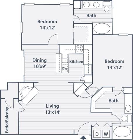 Floor plan for 2 beds, 2 baths, 1140 sqft