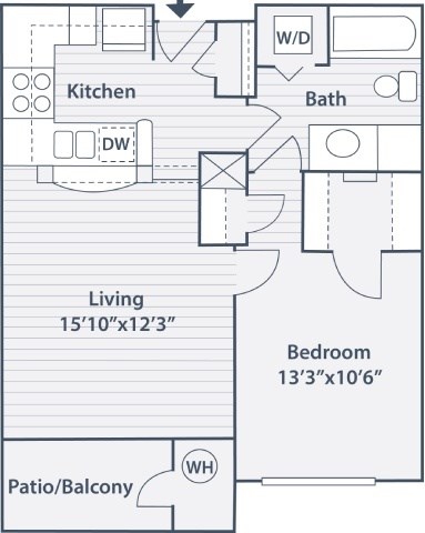 Floor plan for 1 bed, 1 bath, 644 sqft