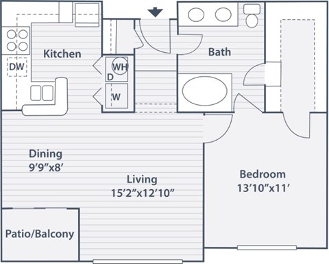 Floor plan for 1 bed, 1 bath, 809 sqft