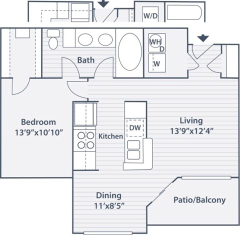 Floor plan for 1 bed, 1 bath, 744 sqft
