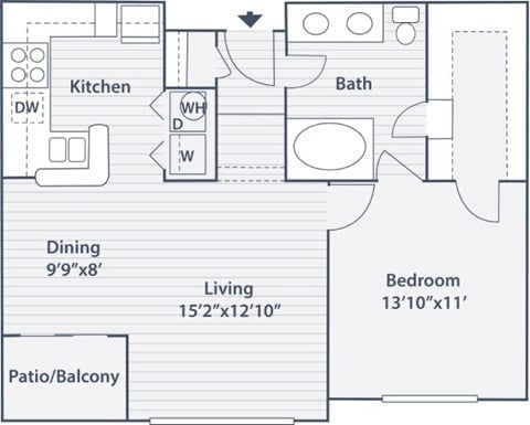 Floor plan for 1 bed, 1 bath, 809 sqft