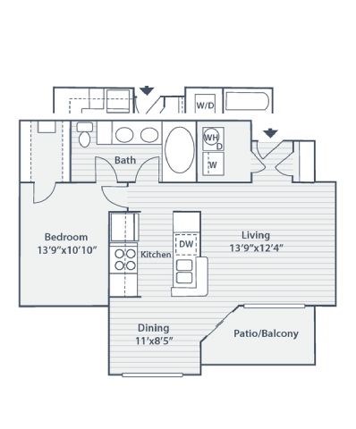 Floor plan for 1 bed, 2 baths, 831 sqft