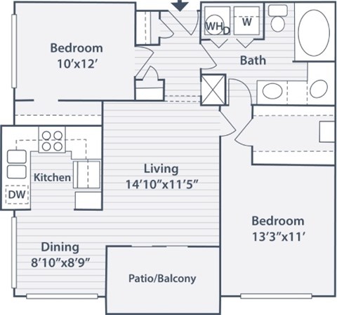 Floor plan for 2 beds, 1 bath, 927 sqft
