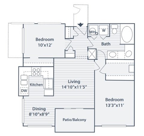 Floor plan for 2 beds, 1 bath, 1078 sqft