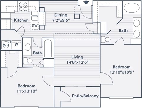 Floor plan for 2 beds, 2 baths, 1048 sqft