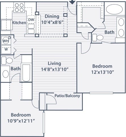 Floor plan for 2 beds, 2 baths, 1156 sqft
