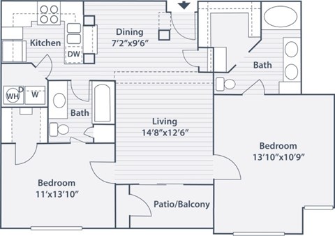 Floor plan for 2 beds, 2 baths, 1161 sqft