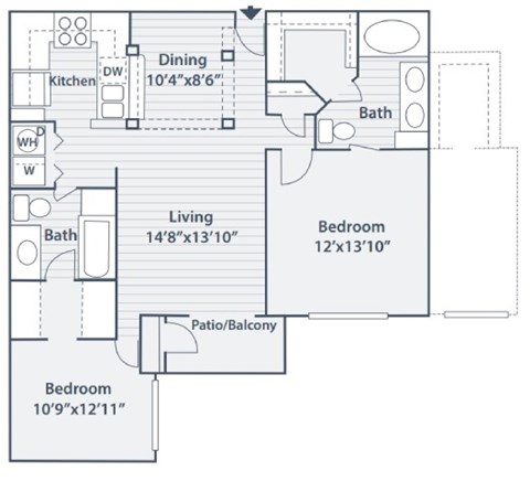 Floor plan for 2 beds, 2 baths, 1267 sqft