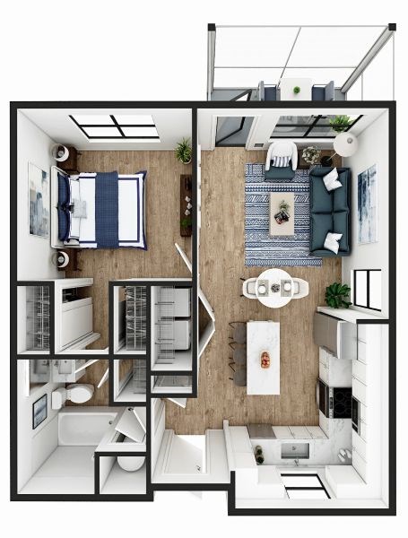 Floor plan for 1 bed, 1 bath, 676 sqft