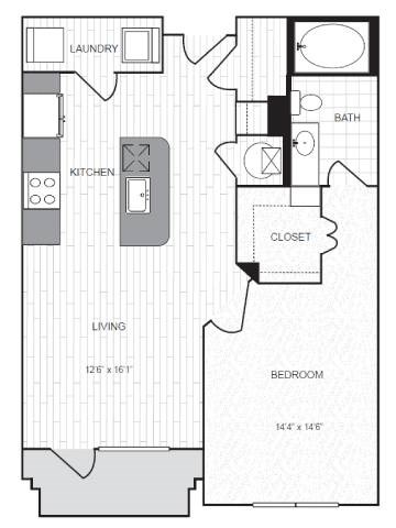 Floor plan for 1 bed, 1 bath, 753 sqft