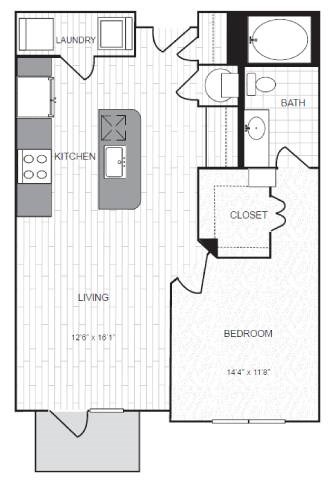 Floor plan for 1 bed, 1 bath, 771 sqft