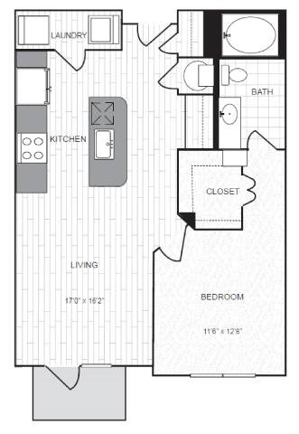 Floor plan for 1 bed, 1 bath, 783 sqft