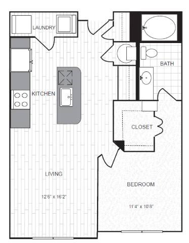 Floor plan for 1 bed, 1 bath, 760 sqft