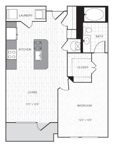 Floor plan for 1 bed, 1 bath, 704 sqft