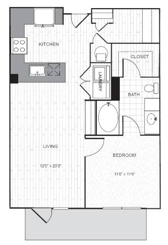 Floor plan for 1 bed, 1 bath, 802 sqft