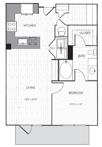 Floor plan for 1 bed, 1 bath, 796 sqft