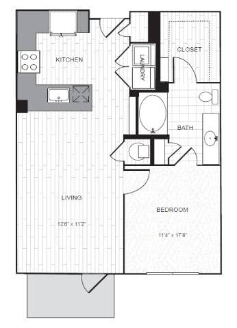 Floor plan for 1 bed, 1 bath, 747 sqft