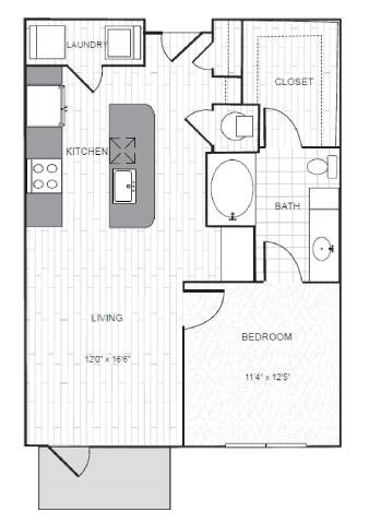 Floor plan for 1 bed, 1 bath, 796 sqft