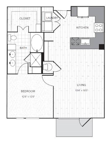 Floor plan for 1 bed, 1 bath, 832 sqft