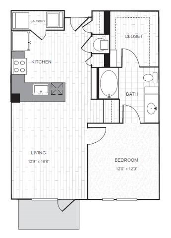 Floor plan for 1 bed, 1 bath, 842 sqft