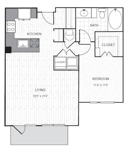 Floor plan for 1 bed, 1 bath, 889 sqft