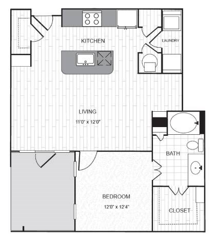 Floor plan for 1 bed, 1 bath, 918 sqft