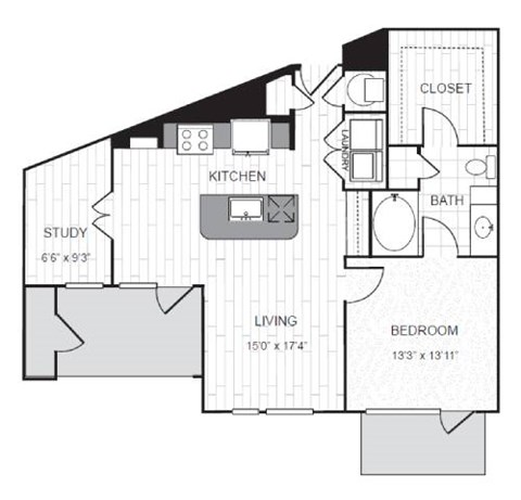Floor plan for 1 bed, 1 bath, 882 sqft
