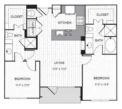 Floor plan for 2 beds, 2 baths, 1085 sqft