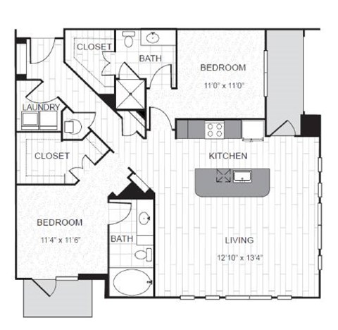 Floor plan for 2 beds, 2 baths, 1229 sqft