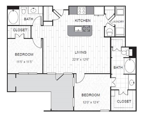 Floor plan for 2 beds, 2 baths, 1200 sqft
