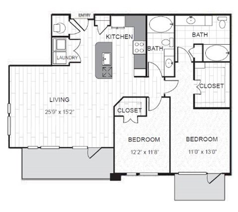 Floor plan for 2 beds, 2 baths, 1281 sqft