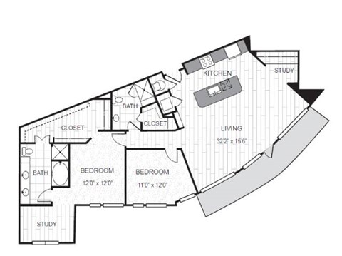 Floor plan for 2 beds, 2 baths, 1651 sqft
