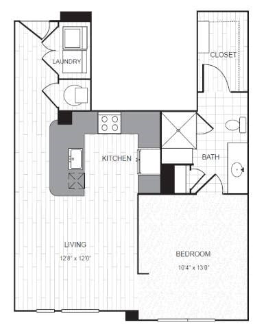 Floor plan for studio, 1 bath, 656 sqft