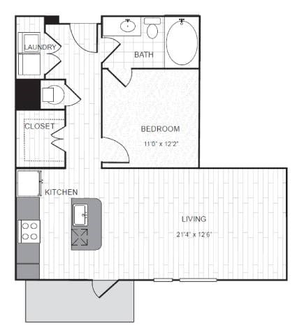 Floor plan for 1 bed, 1 bath, 800 sqft