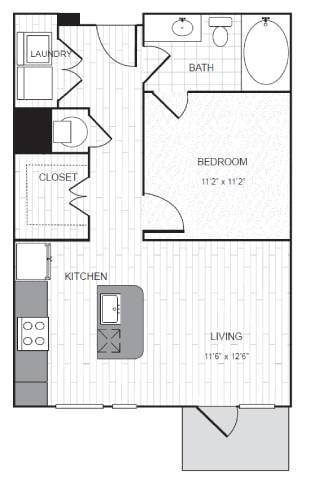 Floor plan for studio, 1 bath, 673 sqft