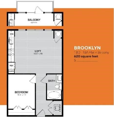 Floor plan for 1 bed, 1 bath, 620 sqft