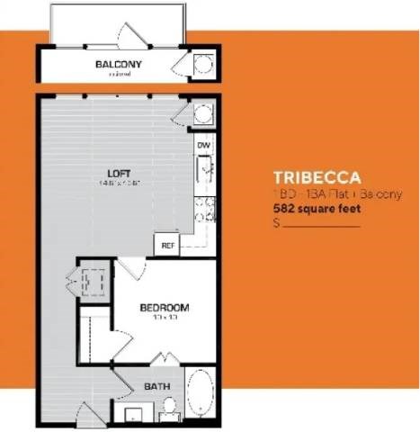 Floor plan for 1 bed, 1 bath, 582 sqft