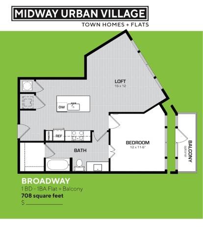 Floor plan for 1 bed, 1 bath, 708 sqft