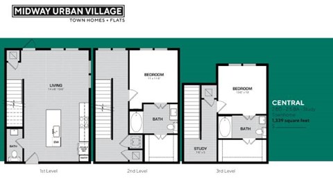 Floor plan for 2 beds, 2.5 baths, 1339 sqft