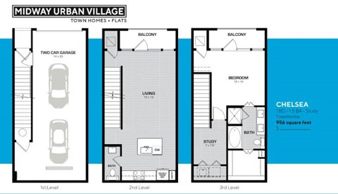 Floor plan for 1 bed, 1 bath, 956 sqft