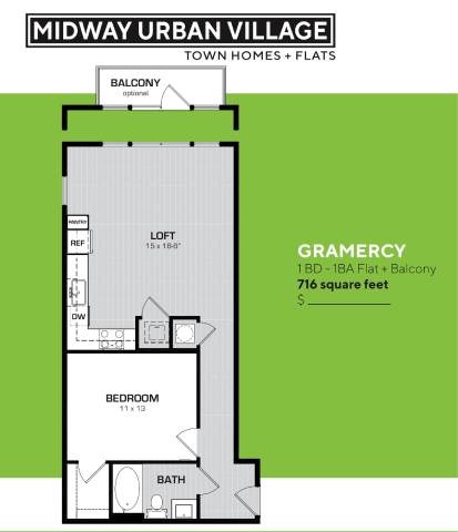 Floor plan for 1 bed, 1 bath, 716 sqft