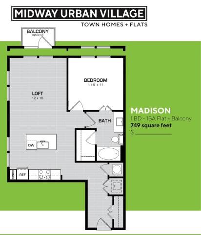 Floor plan for 1 bed, 1 bath, 749 sqft