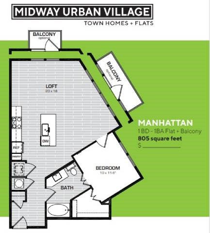 Floor plan for 1 bed, 1 bath, 805 sqft