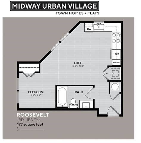 Floor plan for studio, 1 bath, 477 sqft