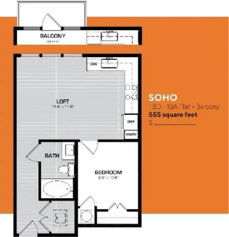 Floor plan for 1 bed, 1 bath, 555 sqft