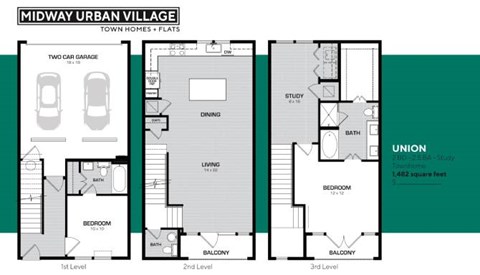 Floor plan for 2 beds, 2.5 baths, 1536 sqft