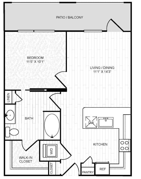 Floor plan for 1 bed, 1 bath, 736 sqft
